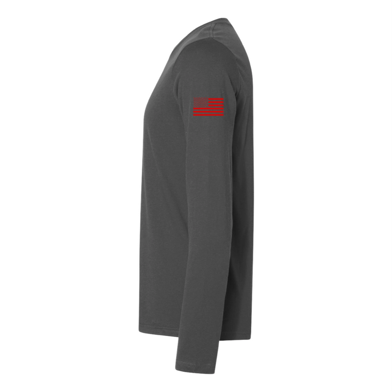 Left side view of a firefighter long sleeves in grey color with the USA  flag printed.