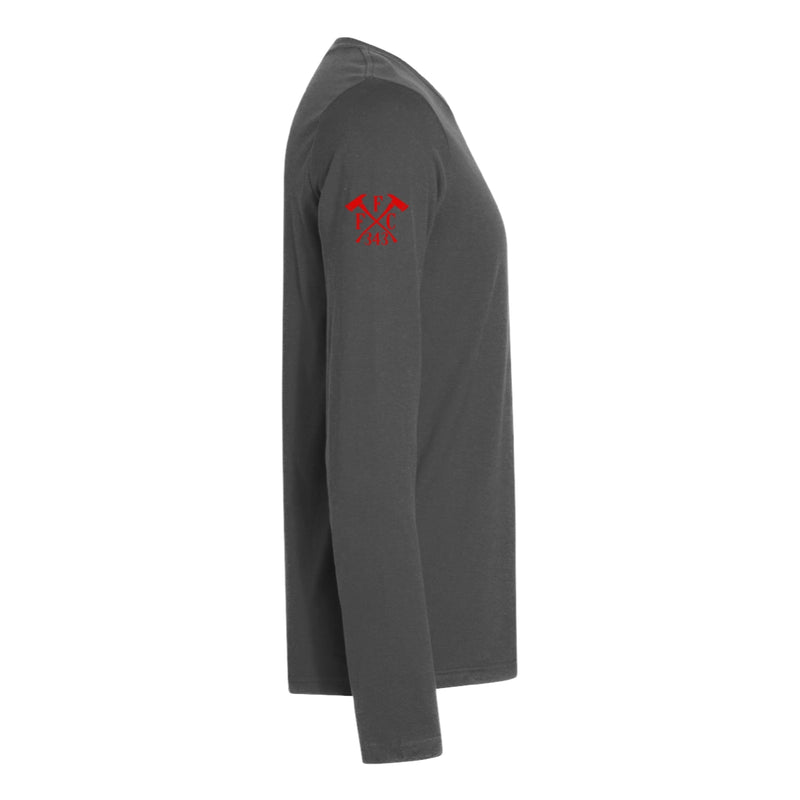 Right side view of a firefighter long sleeves in grey color with the  FFC 343 logo.