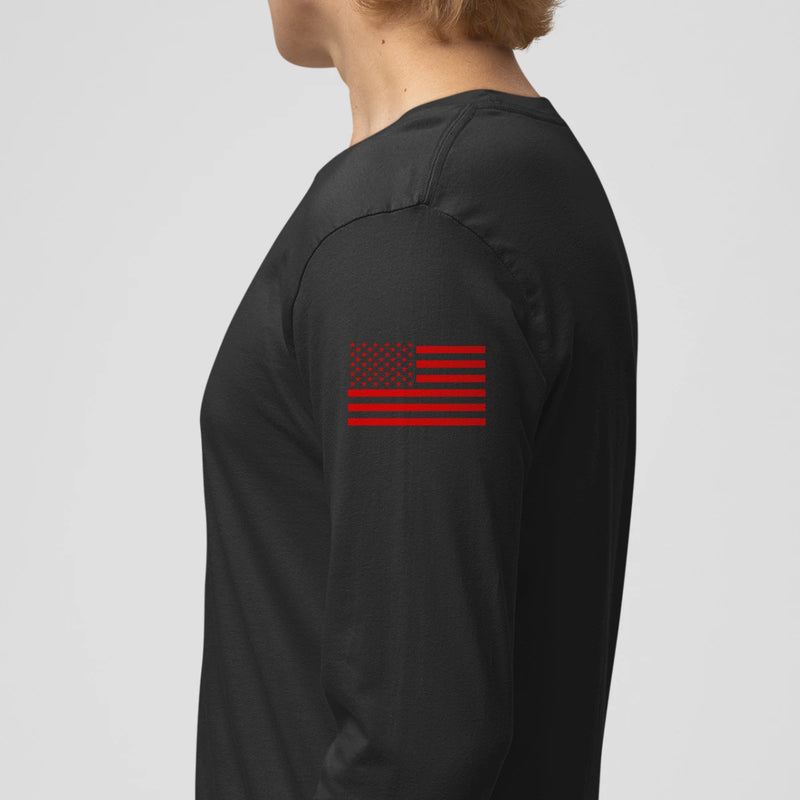 Left side view of a firefighter long sleeves in black color with the USA  flag printed.