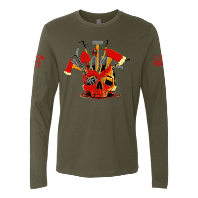 Front view of firefighter long sleeves in military green color featuring a full-front design print of a skull filled with firefighter tools