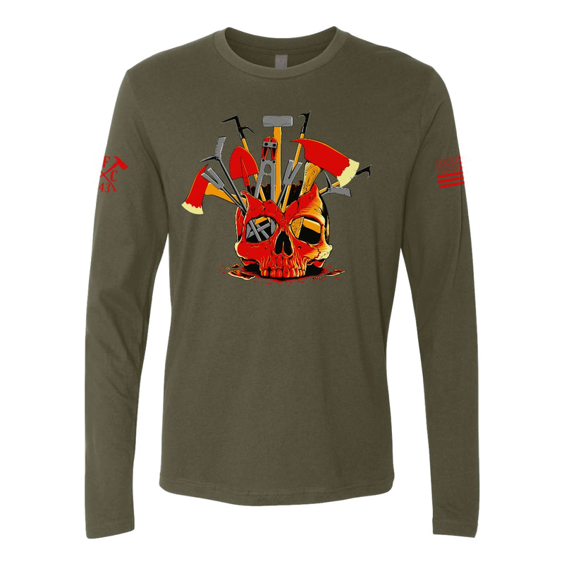 Front view of firefighter long sleeves in military green color featuring a full-front design print of a skull filled with firefighter tools