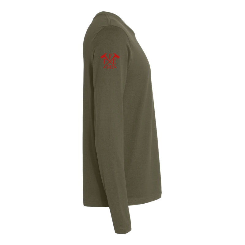 Right side view of a firefighter long sleeves in military green color with the  FFC 343 logo.