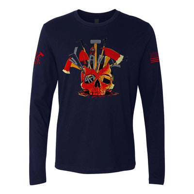 Front view of firefighter long sleeves in navy color featuring a full-front design print of a skull filled with firefighter tools