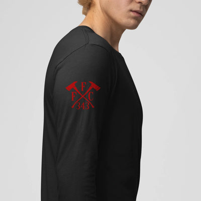 Right side view of a firefighter long sleeves in black color with the  FFC 343 logo.