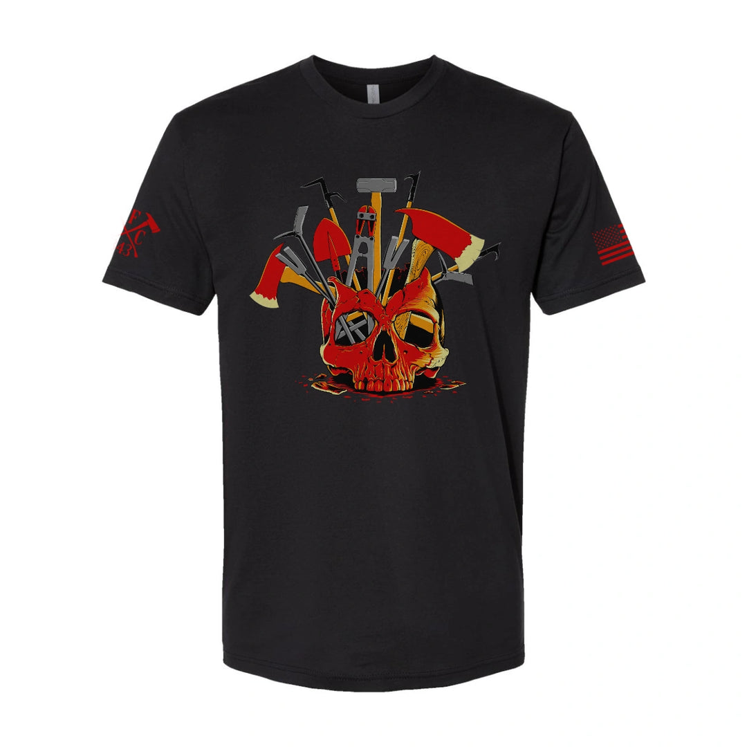 Front view of firefighter T-Shirt in black color featuring a full-front design print of a skull filled with firefighter tools