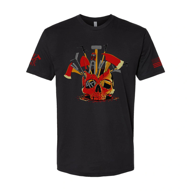 Front view of firefighter T-Shirt in black color featuring a full-front design print of a skull filled with firefighter tools