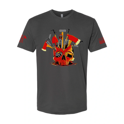 Front view of firefighter T-Shirt in heavy metal color featuring a full-front design print of a skull filled with firefighter tools