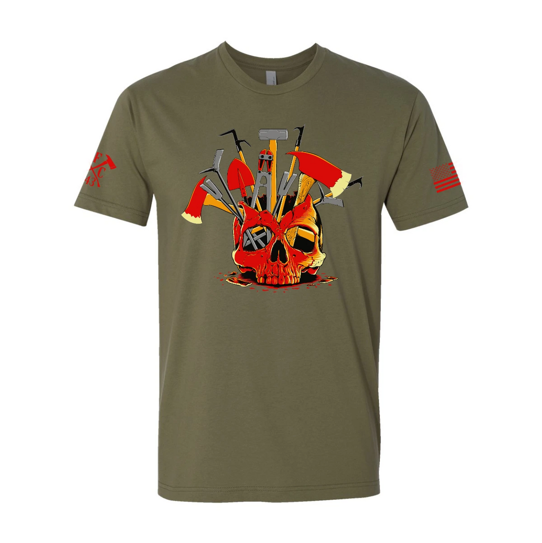 Front view of firefighter T-Shirt in military green color featuring a full-front design print of a skull filled with firefighter tools