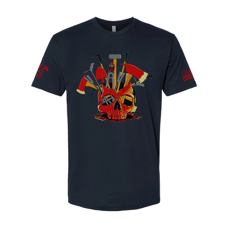 Front view of firefighter T-Shirt in navy color featuring a full-front design print of a skull filled with firefighter tools