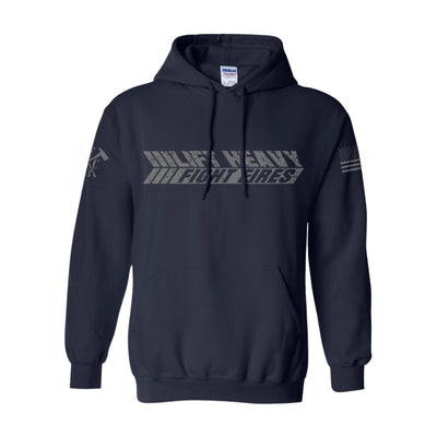 Front view of firefighter hoodies in navy color featuring a bold text Lift Heavy Fight Fires