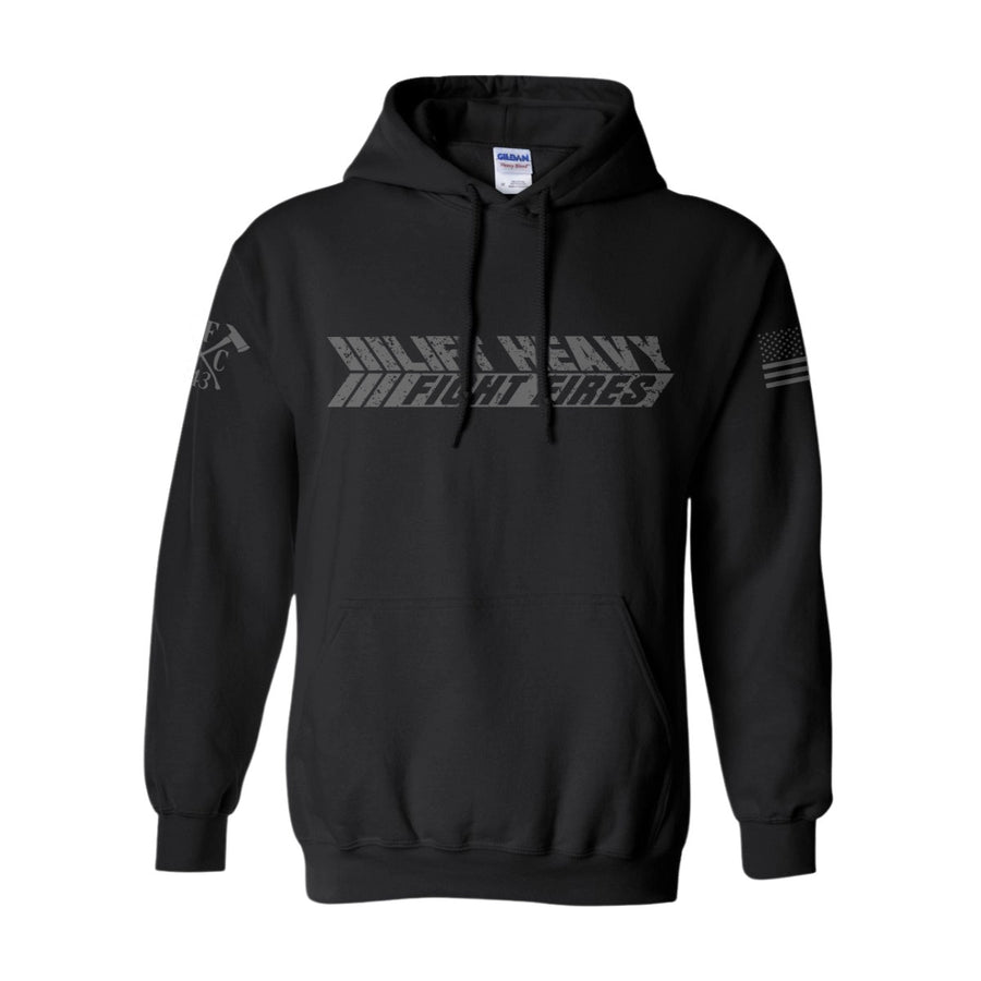 Front view of firefighter hoodies in black color featuring a bold text Lift Heavy Fight Fires