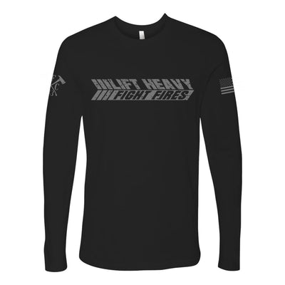 Front view of firefighter long sleeves in black color featuring a bold text Lift Heavy Fight Fires