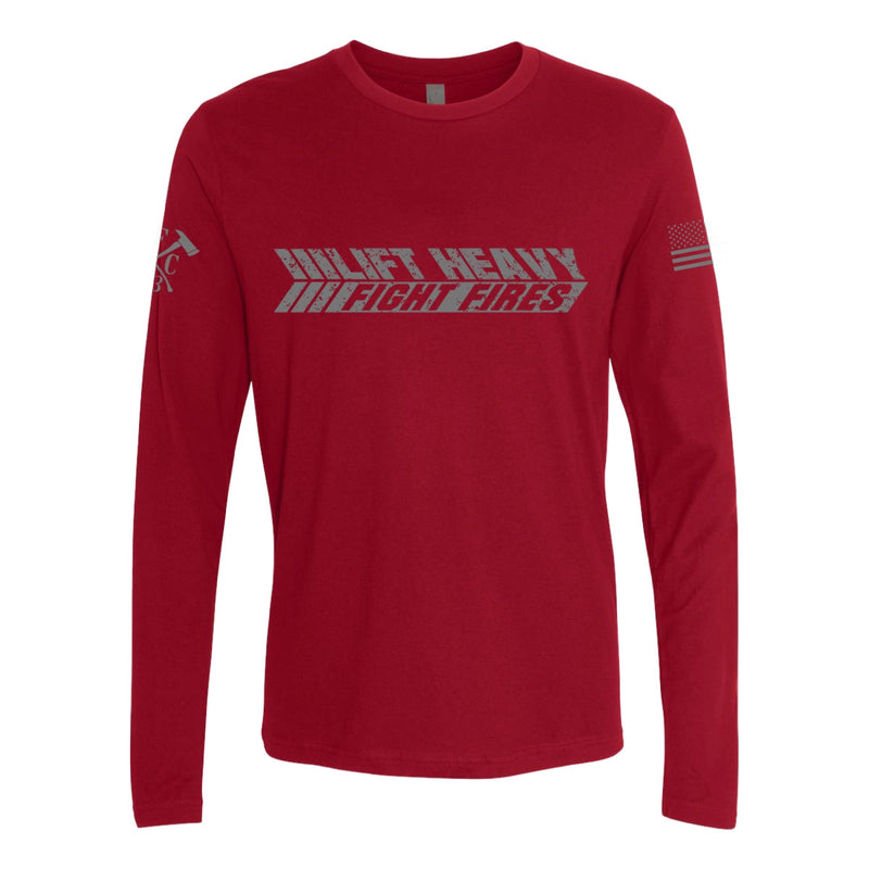 Front view of firefighter long sleeves in cardinal red color featuring a bold text Lift Heavy Fight Fires