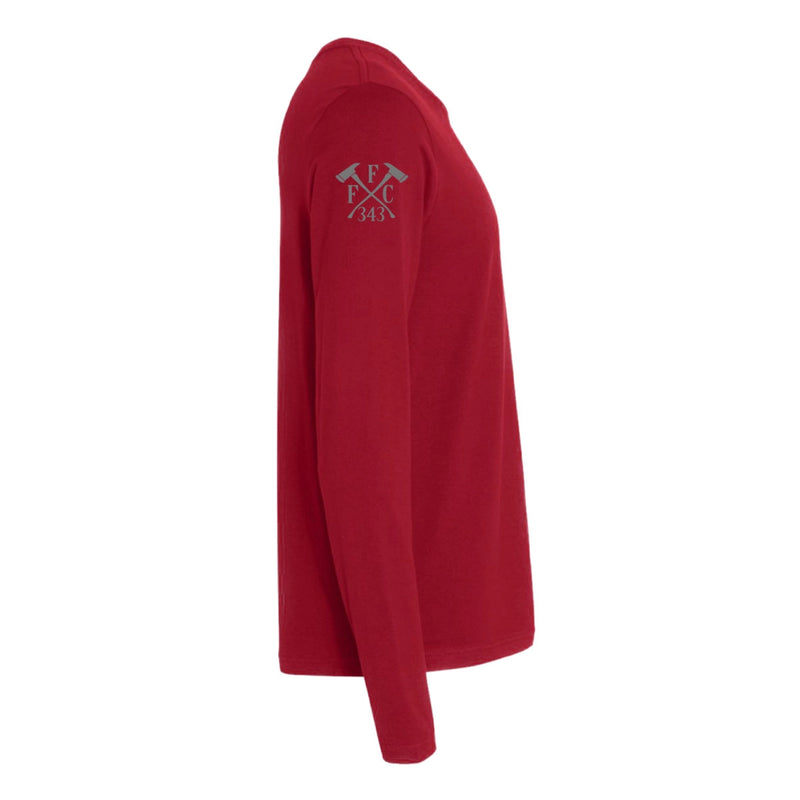 Right side view of a firefighter long sleeves in cardinal red color with the  FFC 343 logo.