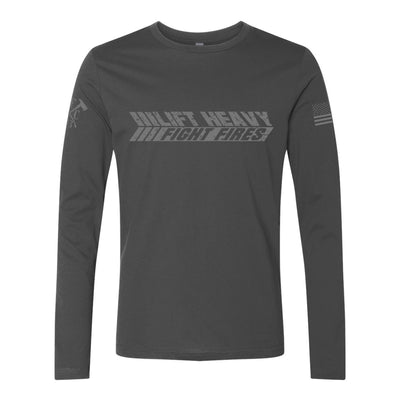 Front view of firefighter long sleeves in heavy metal color featuring a bold text Lift Heavy Fight Fires