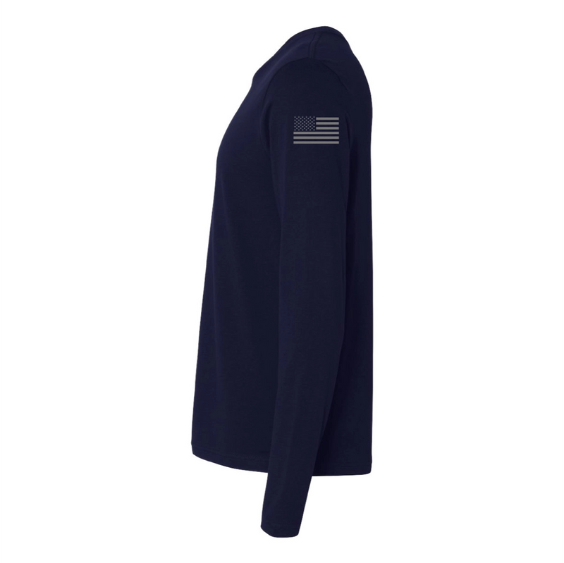 Left side view of a firefighter long sleeves in navy color with the USA flag printed.