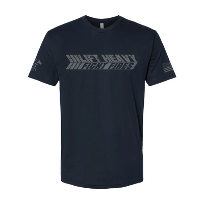 Front view of firefighter T-Shirt in navy color featuring a bold text Lift Heavy Fight Fires