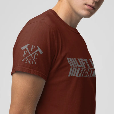 right side view of a firefighter T-shirt in cardinal red color with the FFC 343 logo.