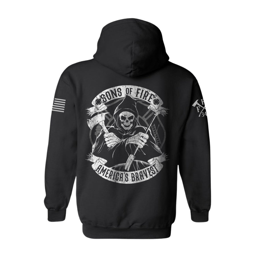 Back view of firefighter hoodies in black color featuring a full-back print of a skeleton holding a hooligan bar and an axe with text Sons Of Fire Americas Bravest