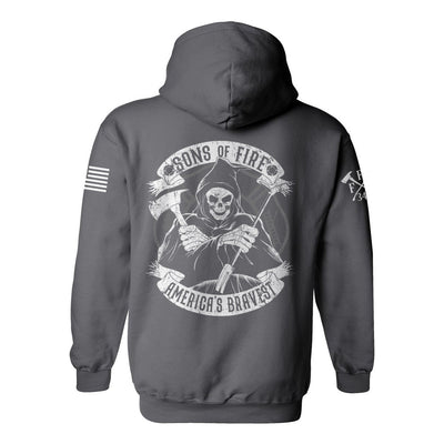 Back view of firefighter hoodies in grey color featuring a full-back print of a skeleton holding a hooligan bar and an axe with text Sons Of Fire Americas Bravest