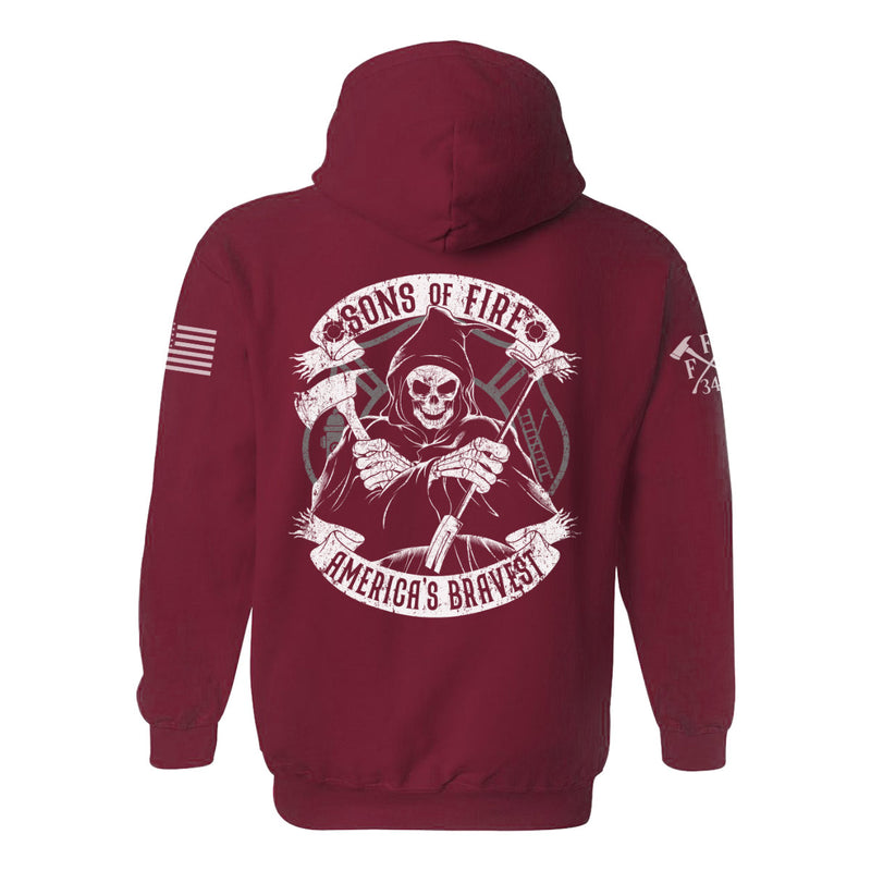 Back view of firefighter hoodies in red color featuring a full-back print of a skeleton holding a hooligan bar and an axe with text Sons Of Fire Americas Bravest