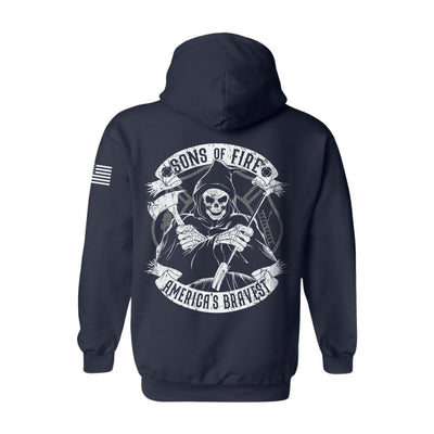 Back view of firefighter hoodies in navy color featuring a full-back print of a skeleton holding a hooligan bar and an axe with text Sons Of Fire Americas Bravest