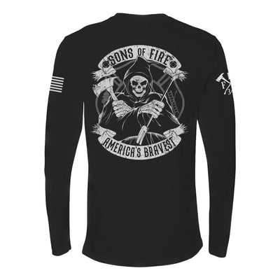 Back view of firefighter long sleeves in black color featuring a full-back print of a skeleton holding a hooligan bar and an axe with text Sons Of Fire Americas Bravest