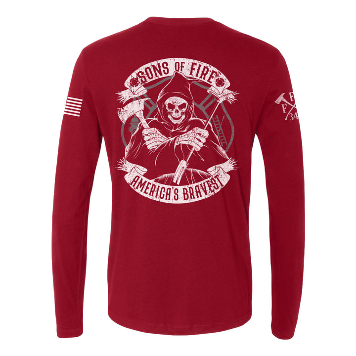 Back view of firefighter long sleeves in cardinal red color featuring a full-back print of a skeleton holding a hooligan bar and an axe with text Sons Of Fire Americas Bravest