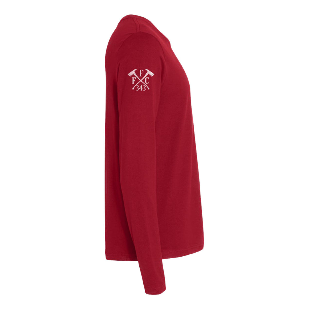 Right side view of a firefighter long sleeves in cardinal red color with the  FFC 343 logo.