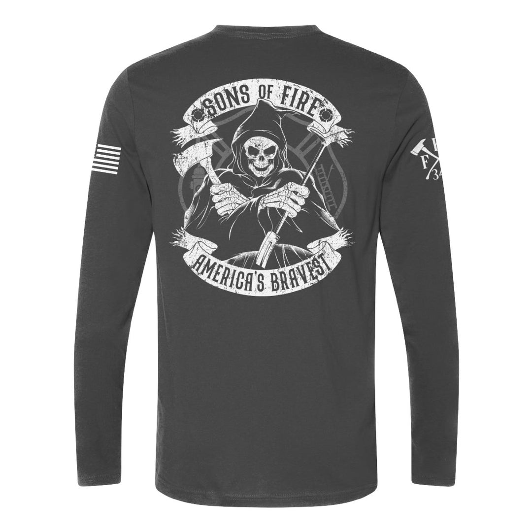 Back view of firefighter long sleeves in grey color featuring a full-back print of a skeleton holding a hooligan bar and an axe with text Sons Of Fire Americas Bravest