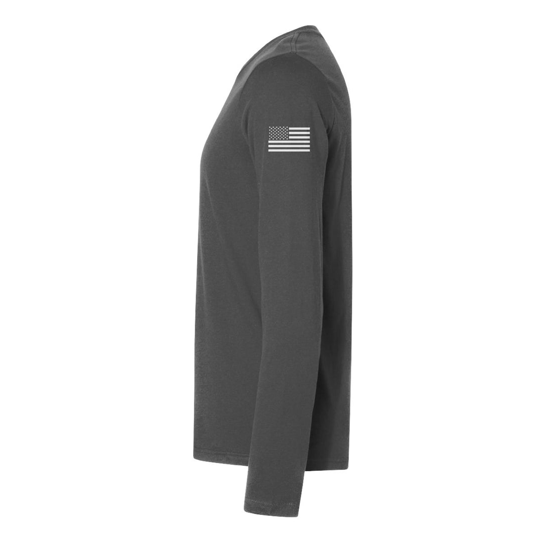 Left side view of a firefighter long sleeves in grey color with the USA flag printed.