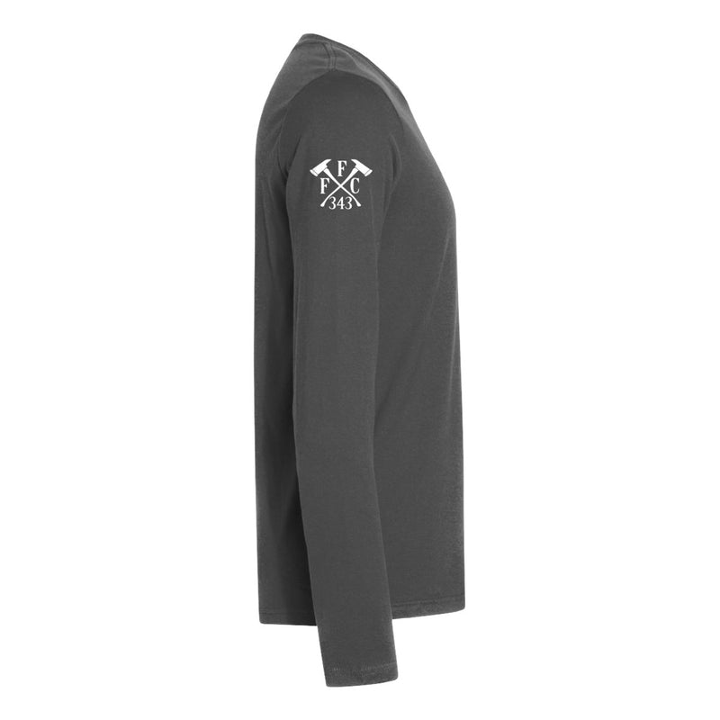 Right side view of a firefighter long sleeves in grey color with the  FFC 343 logo.