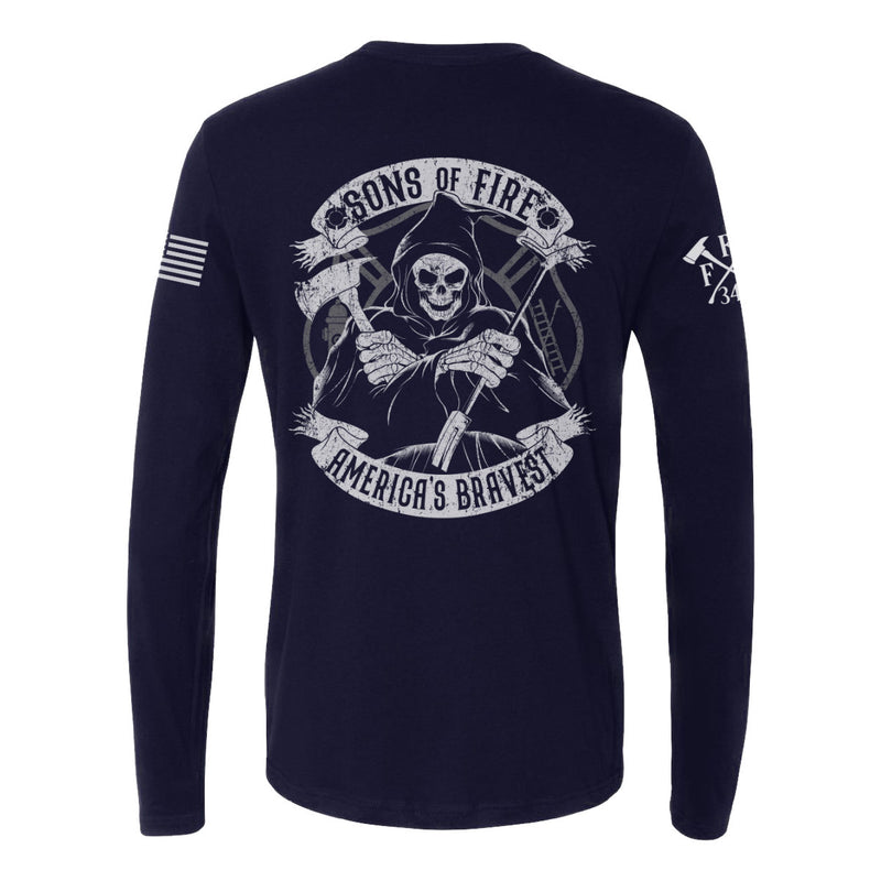 Back view of firefighter long sleeves in navy color featuring a full-back print of a skeleton holding a hooligan bar and an axe with text Sons Of Fire Americas Bravest