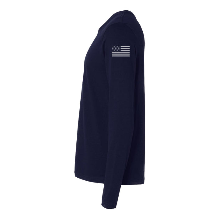 Left side view of a firefighter long sleeves in navy color with the USA flag printed.