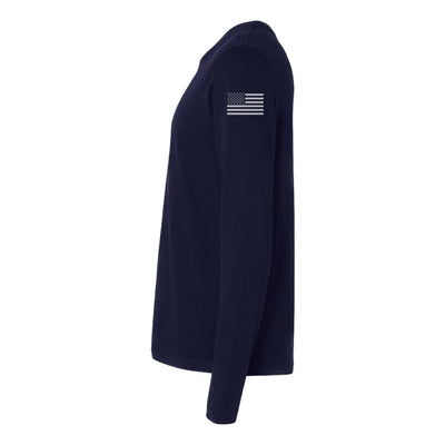 Left side view of a firefighter long sleeves in navy color with the USA flag printed.