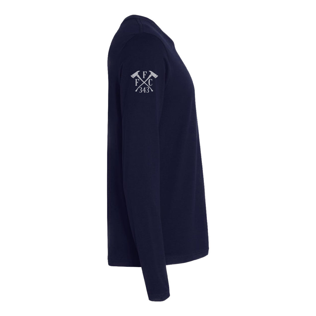 Right side view of a firefighter long sleeves in navy color with the  FFC 343 logo.