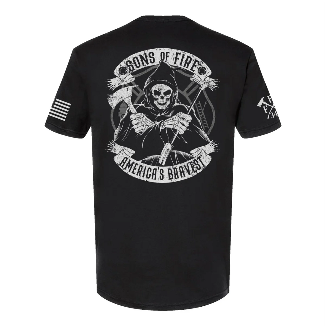 Back view of firefighter T-Shirt in black color featuring a full-back print of a skeleton holding a hooligan bar and an axe with text Sons Of Fire Americas Bravest