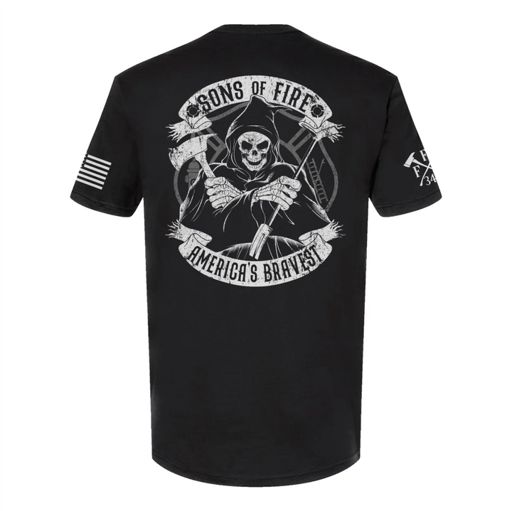 Back view of firefighter T-Shirt in black color featuring a full-back print of a skeleton holding a hooligan bar and an axe with text Sons Of Fire Americas Bravest