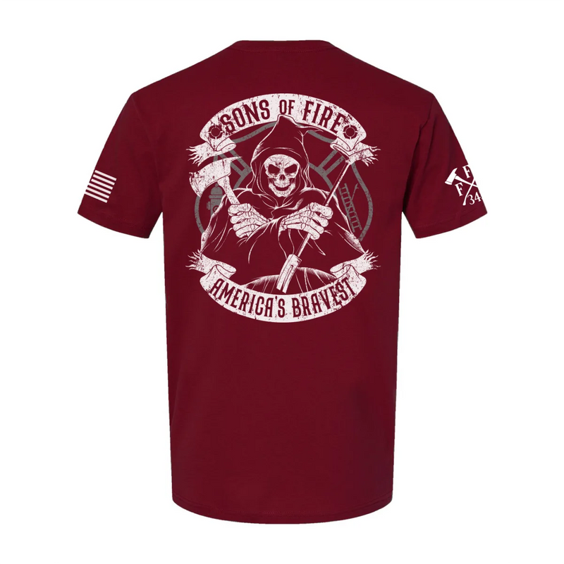 Back view of firefighter T-Shirt in cardinal red color featuring a full-back print of a skeleton holding a hooligan bar and an axe with text Sons Of Fire Americas Bravest