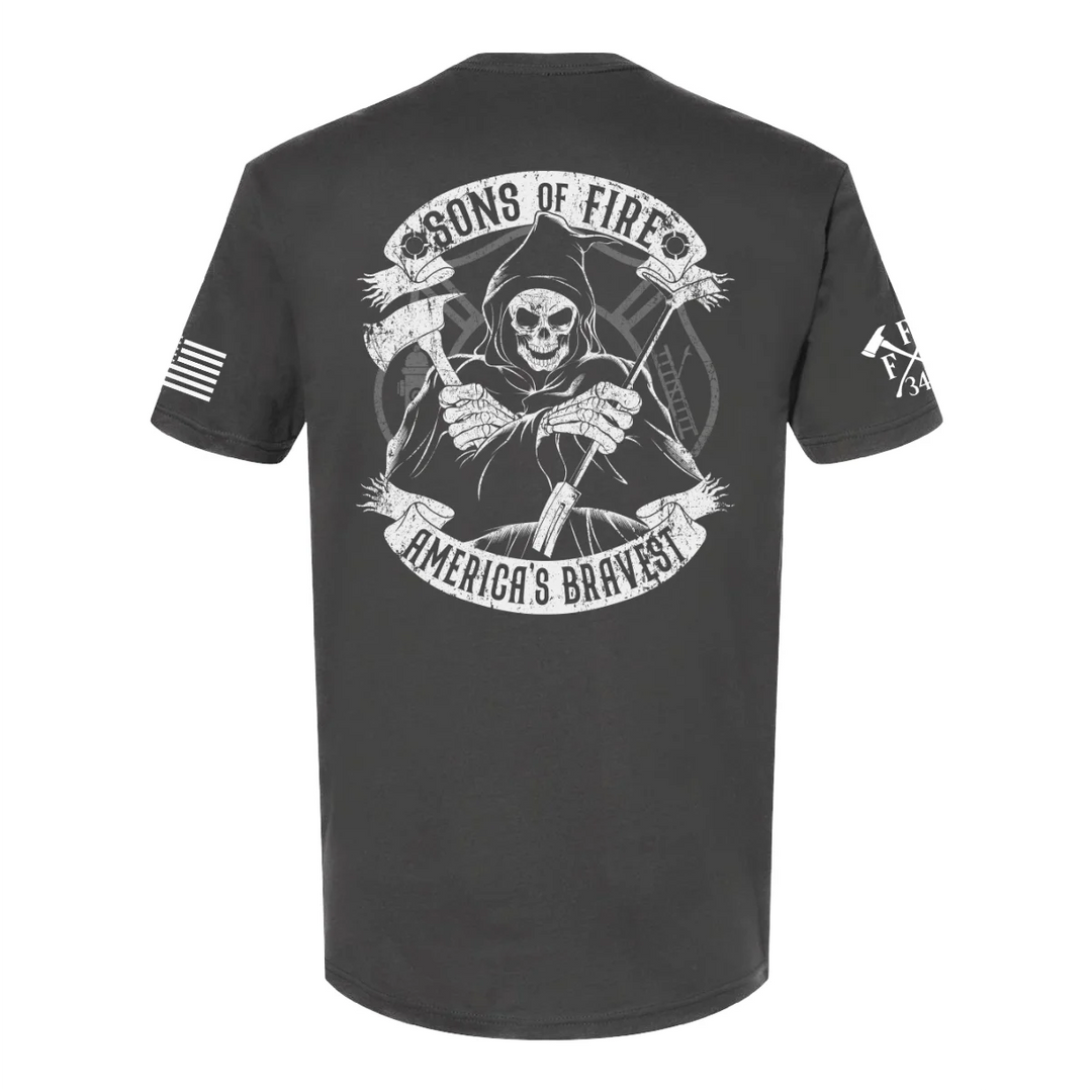 Back view of firefighter T-Shirt in heavy metal color featuring a full-back print of a skeleton holding a hooligan bar and an axe with text Sons Of Fire Americas Bravest