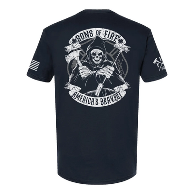 Back view of firefighter T-Shirt in navy color featuring a full-back print of a skeleton holding a hooligan bar and an axe with text Sons Of Fire Americas Bravest