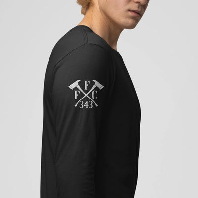 Right side view of a firefighter long sleeves in black color with the  FFC 343 logo.