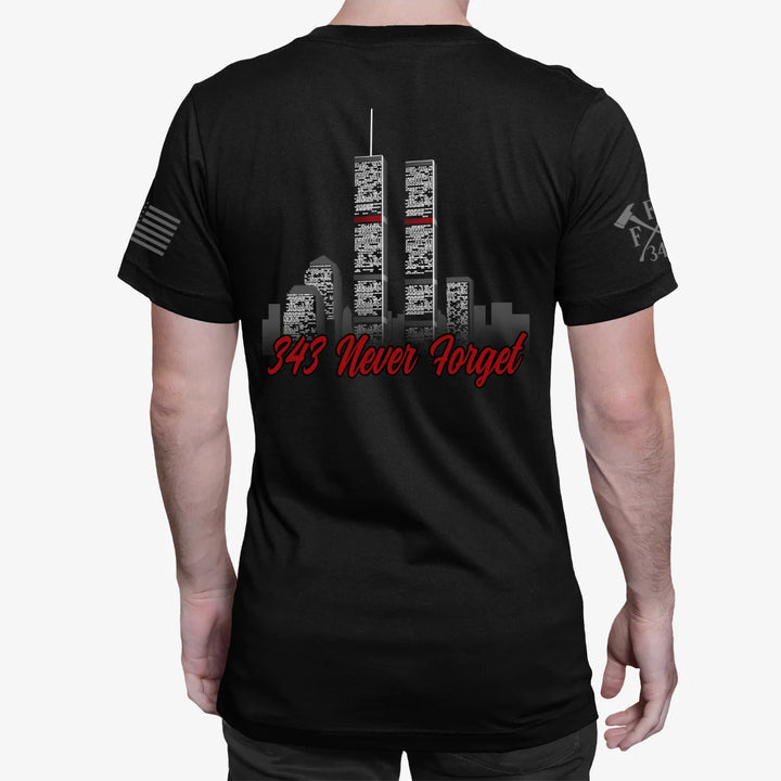 a man wearing a black 9/11 firefighter t-shirt in black color featuring full-back design of the Twin Towers, with "343 Never Forget" 