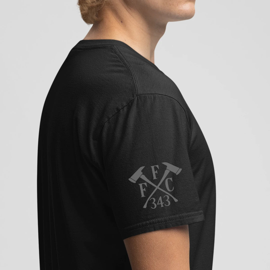 Right side view of a firefighter T-shirt in black color with the FFC 343 logo.