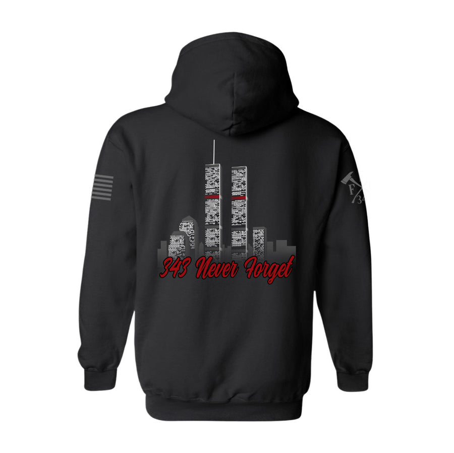 Back view of 9/11 Never Forget firefighter hoodies in black color featuring full-back design features the Twin Towers, with "343 Never Forget" 