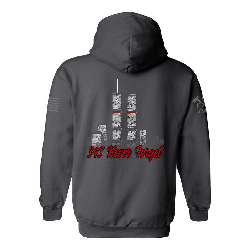 Back view of 9/11 Never Forget firefighter hoodies in grey color featuring full-back design features the Twin Towers, with "343 Never Forget" 