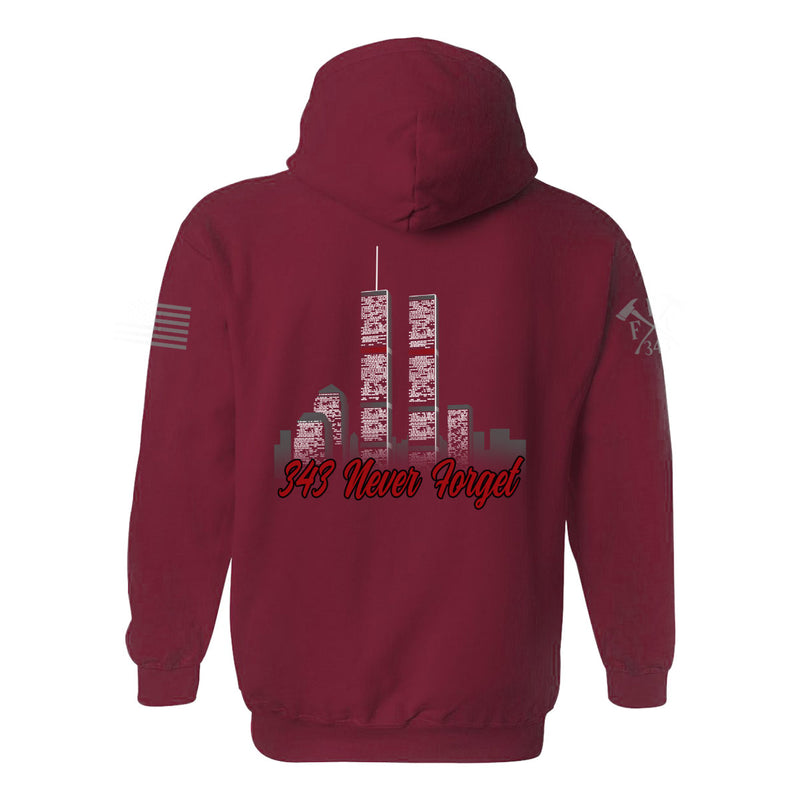 Back view of 9/11 Never Forget firefighter hoodies in red color featuring full-back design features the Twin Towers, with "343 Never Forget" 