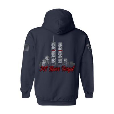 Back view of 9/11 Never Forget firefighter hoodies in navy color featuring full-back design features the Twin Towers, with "343 Never Forget" 