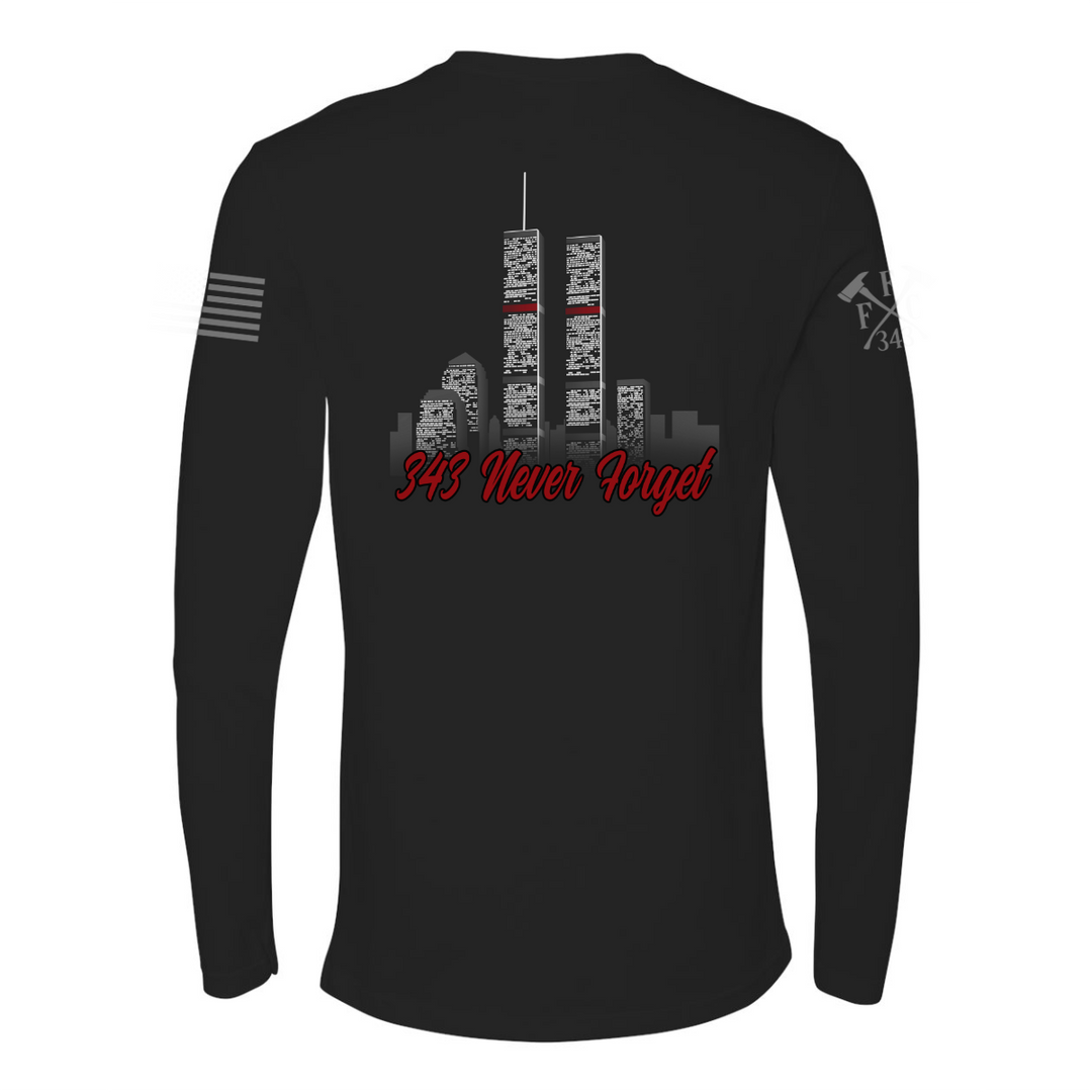 Back view of 9/11 Never Forget firefighter long sleeves in black color featuring full-back design features the Twin Towers, with "343 Never Forget" 