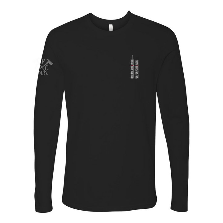 Front view of Never Forget firefighter long sleeves in black color